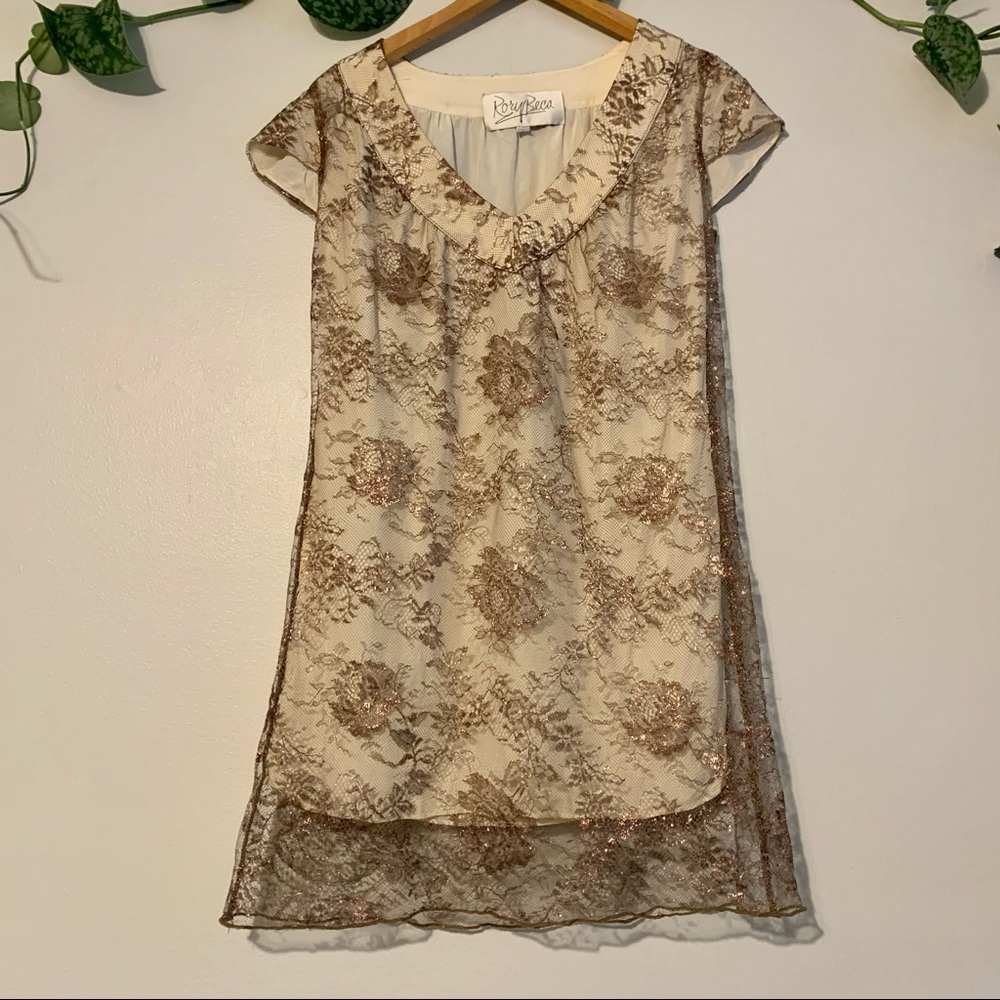 Rory Beca gold French lace and silk shift dress